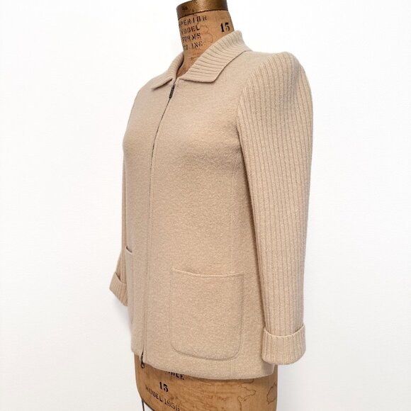 Lands End Cream Beige Boiled Wool Sweater Zip Front Jacket - Picture 8 of 14